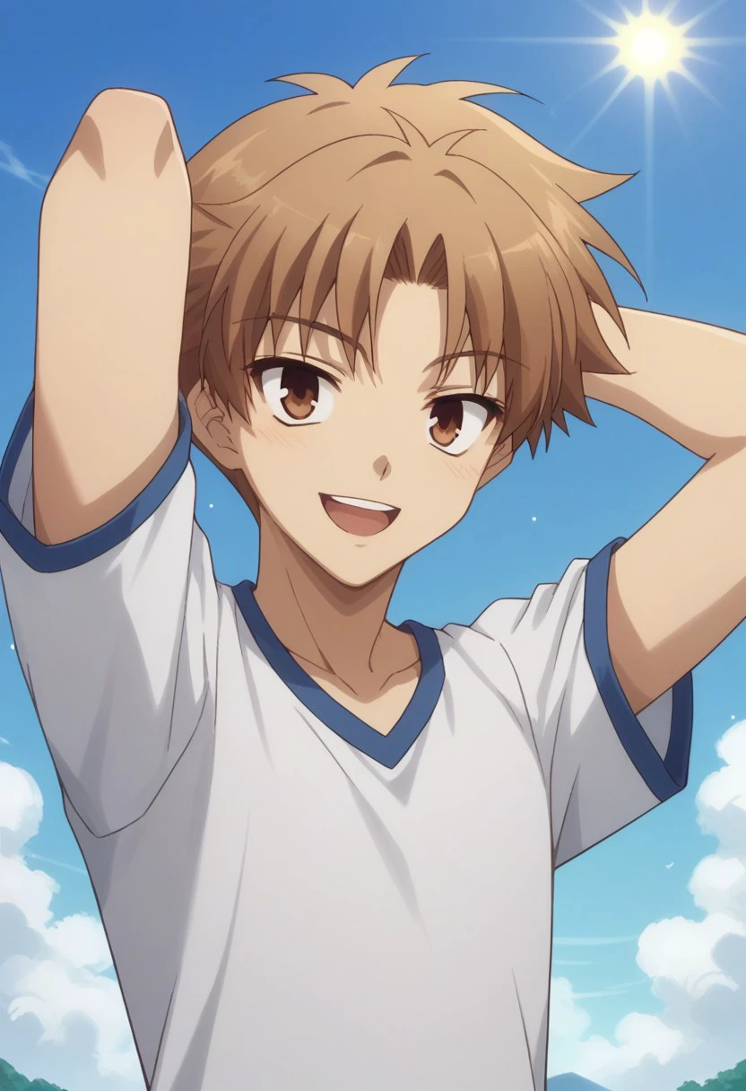 score_9, score_8_up, score_7_up, source_anime, highly detailed, 
akihisayoshi, 1boy, male focus, brown eyes, solo, brown hair, smile, gym uniform, arm behind head, open mouth, upper body
outdoor, sky, sun