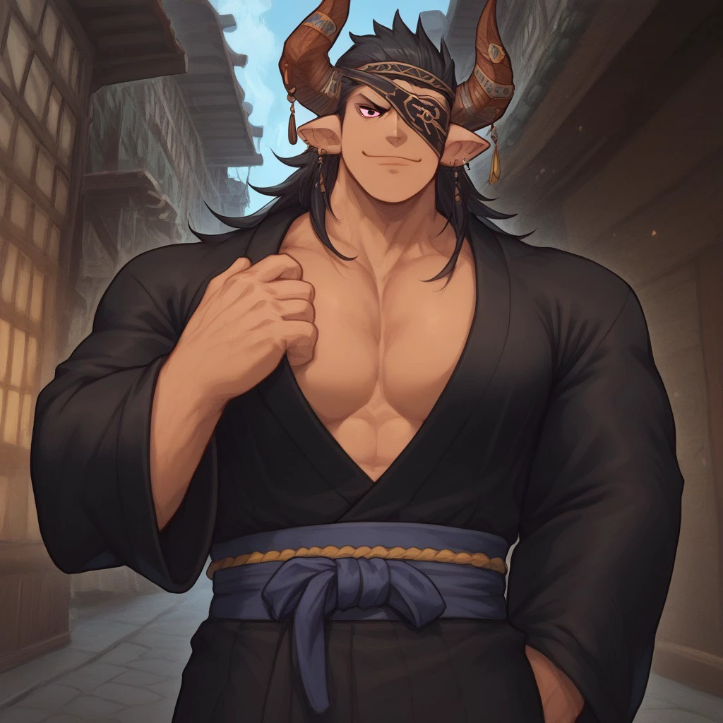 score_9, score_8_up, score_7_up, male, source_anime, 1boy, solo, Reingbf, long hair, horns, eyepatch, red eyes, jewelry, muscular male, bara, bare pectorals, yukata, dark yukata, black yukata, open kimono, hand on pec, closed mouth, smile, BREAK,
outside, town center, sunny