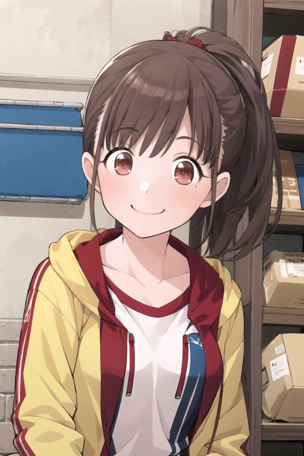 c_sonodaO, 1girl, smile, red eyes, brown eyes, brown hair, long hair,jacket, smile, short ponytail, long sleeves, indoor, training gym, collarbone, blush, brown hair, open clothes <lora:c_sonoda:1>