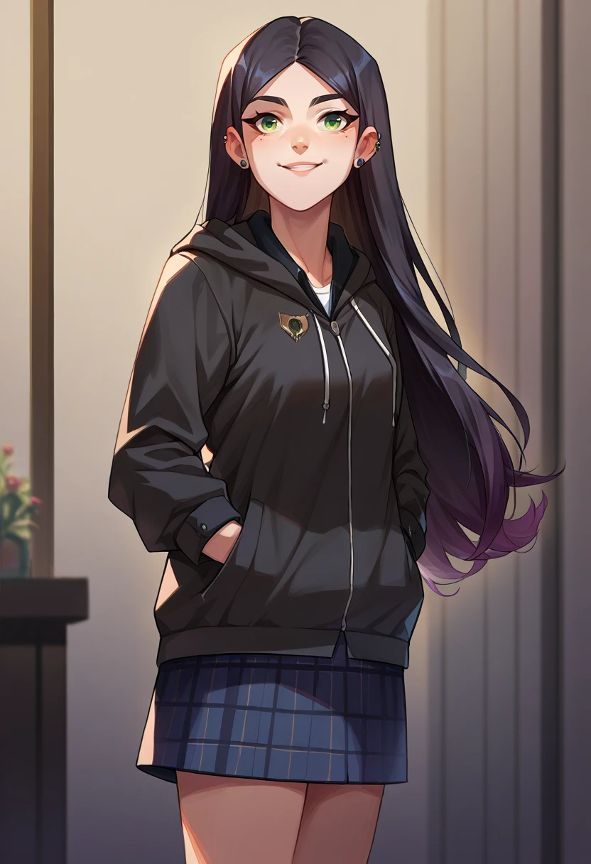 score_9, score_8_up, source_anime, 1girl, solo, Claudia, black hair, gradient hair, long hair, green eyes, earrings, indoors, plaid skirt, hoodie, smile, hands in pockets, <lora:ChamClaudiaPonyXL:1>