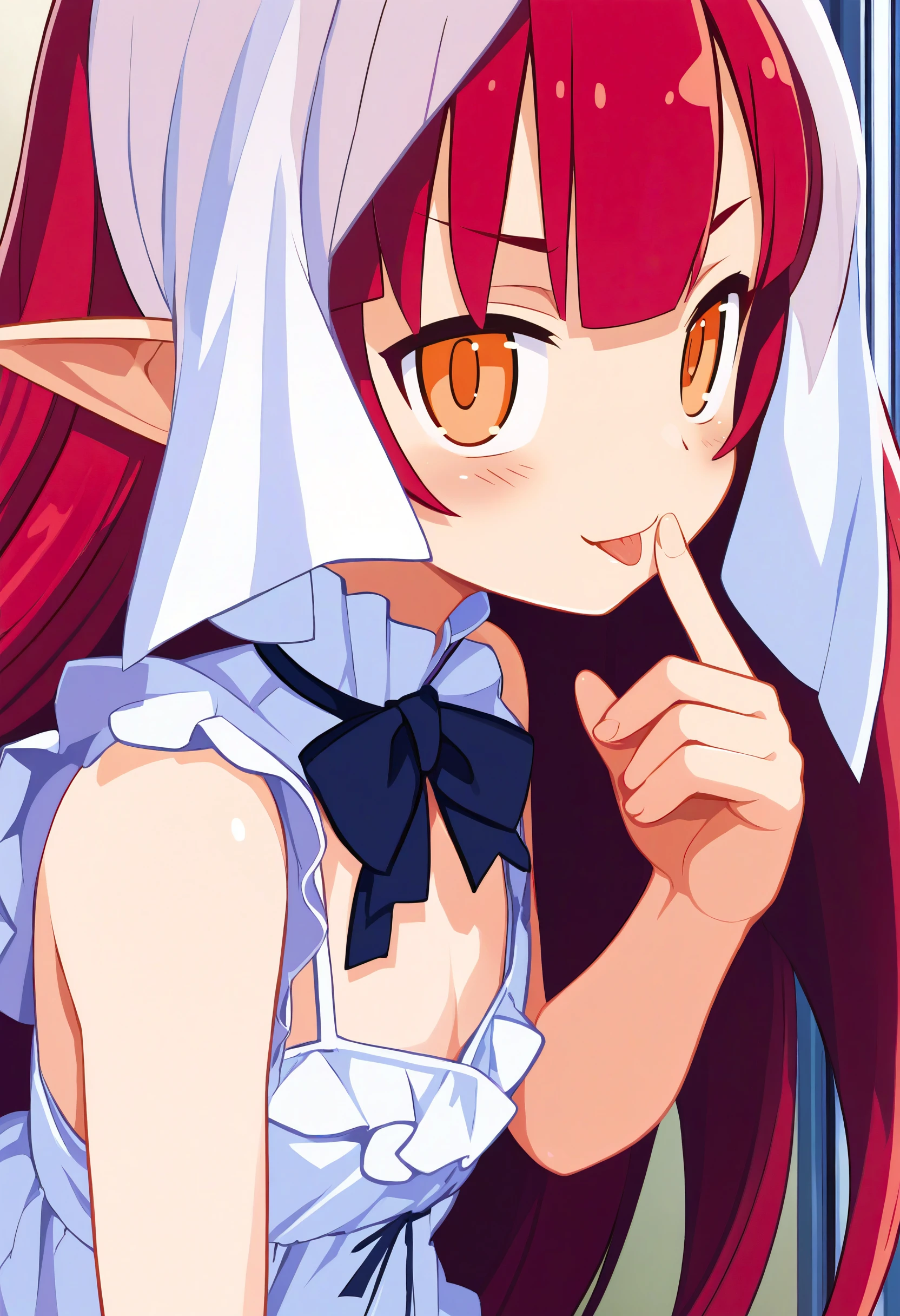 score_9,source_anime,<lora:DisgaeaXLV2>,solo,1girl,(close-up:1.5),from side,long hair,red hair,hime cut,orange eyes,pointy ears,looking at viewer,sidelocks,flat chest,cleavage,white dress,frills,indoors,looking at viewer,blush,tongue,smirk,finger to mouth,