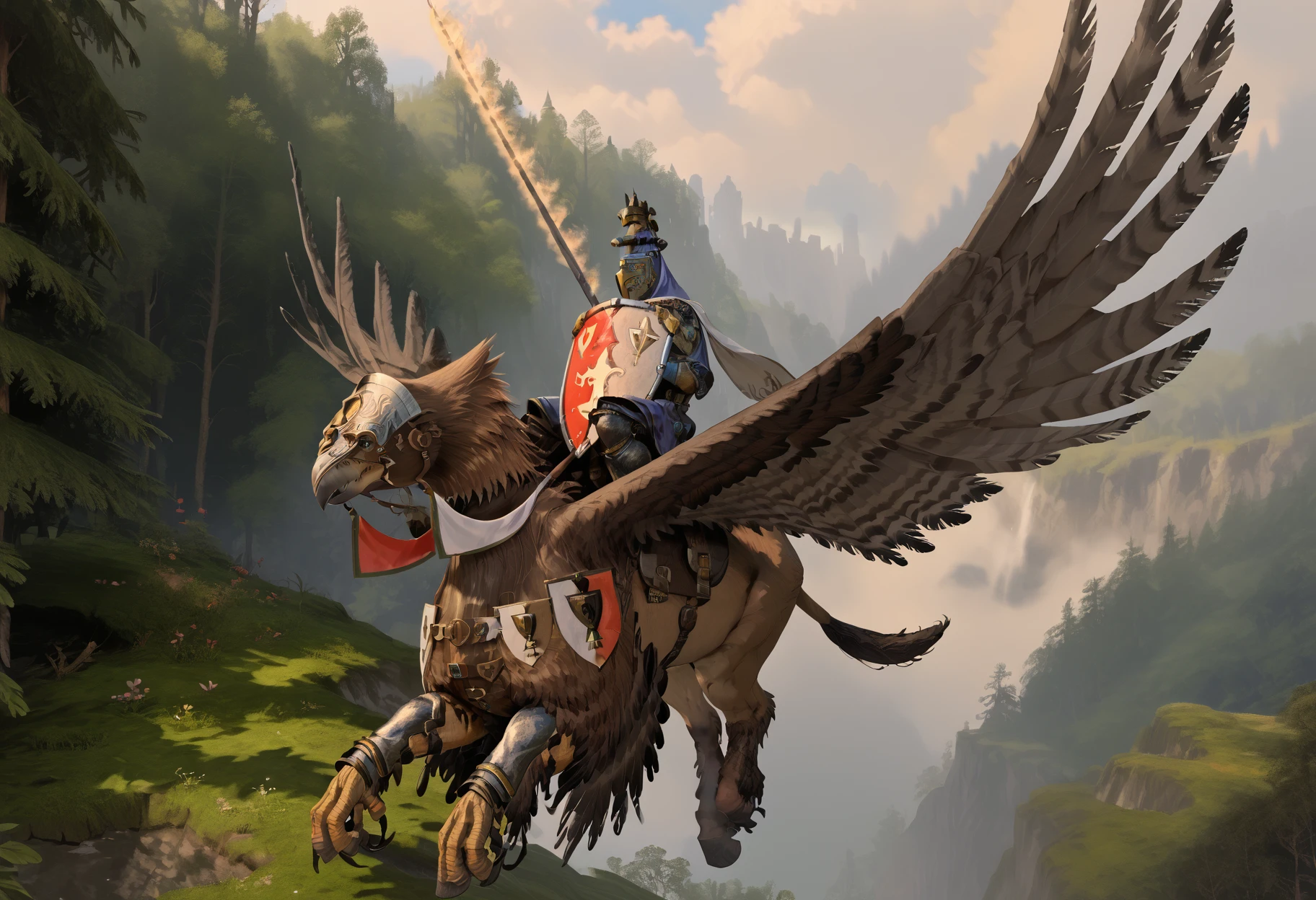 score_9, score_8_up, score_7_up, score_6_up, detailed, hires, detailed face, 
sky, forest, solo, 
royalhippogryphknight, full armor, flying, animal, hippogriff, feathered wings, talons, hooves, 
horseback riding, saddle, knight, holding shield, holding polearm, 
<lora:Royal_Hippogryph_Knights_PonyXL:1>