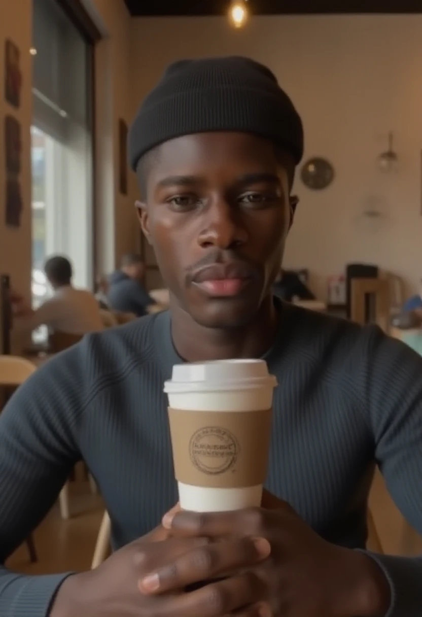 mukasakakonge a man (holding) a large coffee cup, in a beanie, sitting in a cafe, looking at viewer