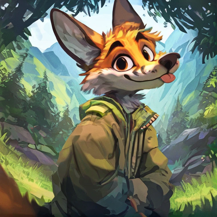 source_furry, orange fox, wearing a green jacket, looking at viewer, smiling, tongue out, mountain and forest in background,   <lora:Test 1  epoch5:1>, score_9, score_8_up, score_7_up,