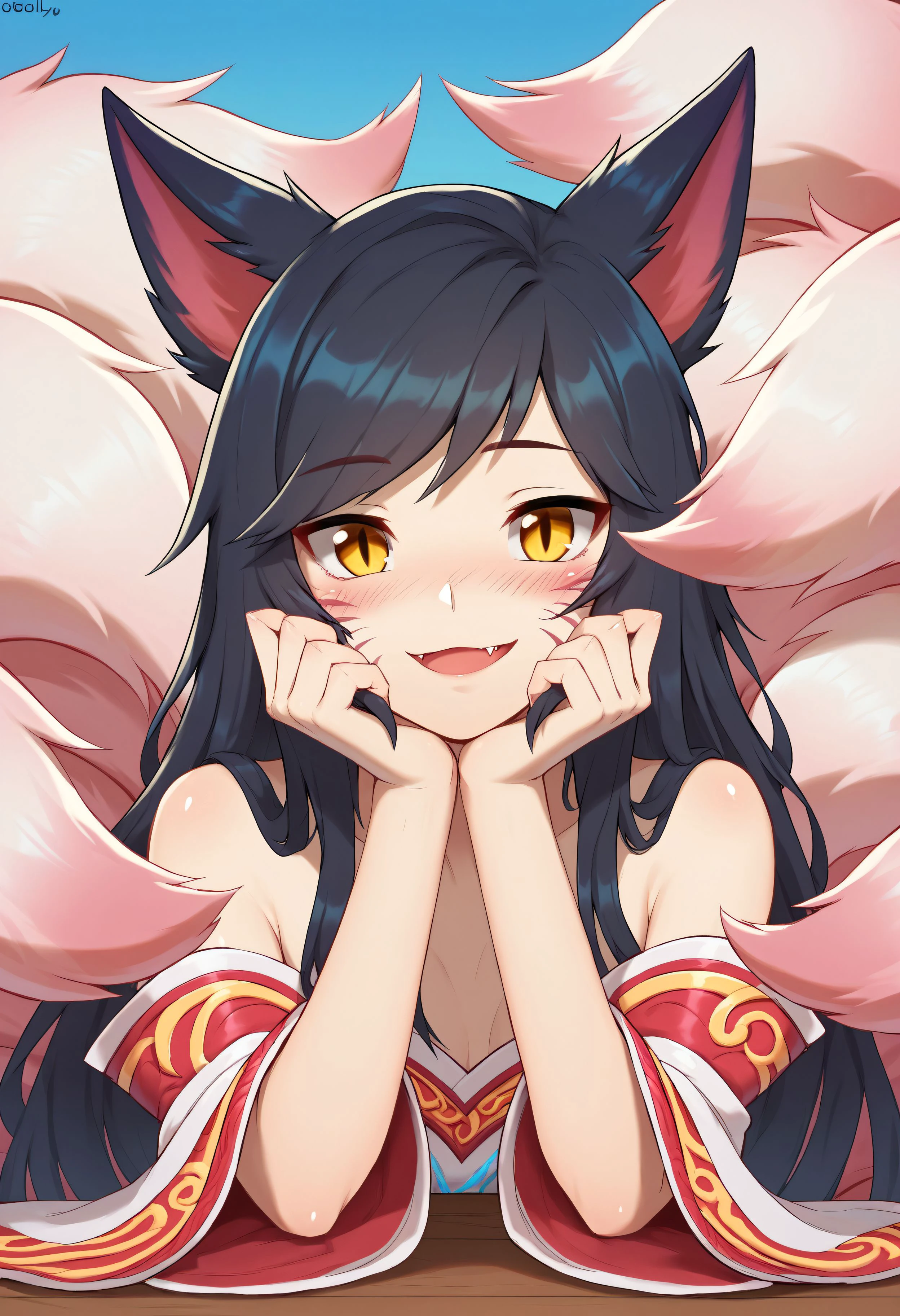 score_9, score_8_up, score_7_up, score_6_up, score_5_up, score_4_up, BREAK sollyz, by sollyz, 1girl, solo, yellow eyes, fox ears, black hair, sitting, ahri \(league of legends\), looking at viewer, happy, multiple tails, white tails, white fur, blue sky, blush, fang, upper body, resting head on hand, <lora:SollyzStyle:0.8>