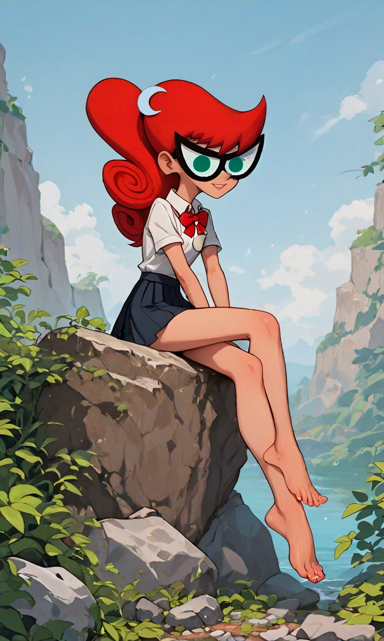 score_9, score_8_up, score_7_up, score_cartoon
break,
Mary_Test, red hair,aqua eyes, glasses, long hair, ponytail, mask, crescent 
break, alone, sitting, holding, skirt, barefoot, school uniform, shirt, rock, looking at viewer, feet, short sleeve, white shirt, outdoors, toes, red bow, smile, bow, neck bow, collared shirt, bare legs, black skirt, day