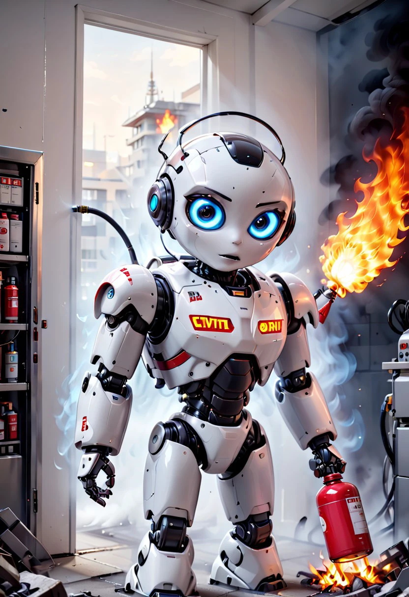 generation of ultra quality photo with high resolution and sharp focus on burning AI servers and the little robot civitay puts them out with a fire extinguisher and the inscription above the robot's head help i'm fried comic book style