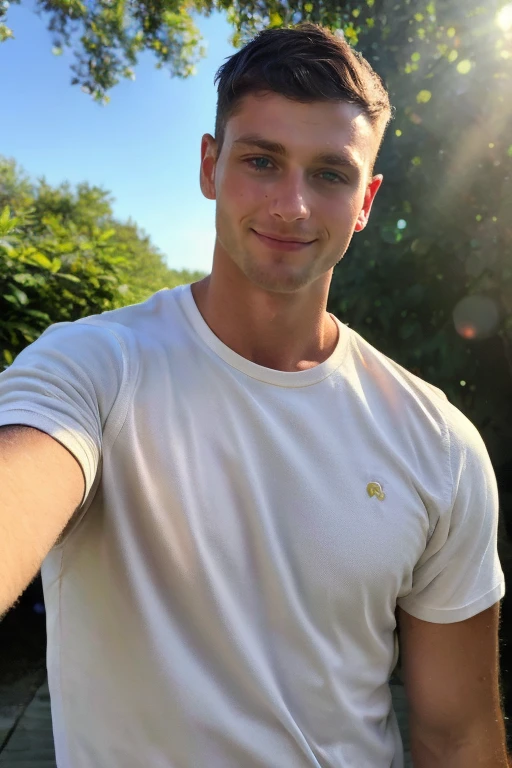 photograph of guy  face focus, upper body High resolution handsome guy, highly detailed, white t-shirt, (look at viewer) bokeh background, sunlight morning, sunburnt, detailed eyes,   <lora:charleslaurent:0.8> charleslaurent (smirking:0.6),, (masterpiece,best quality:1.5)