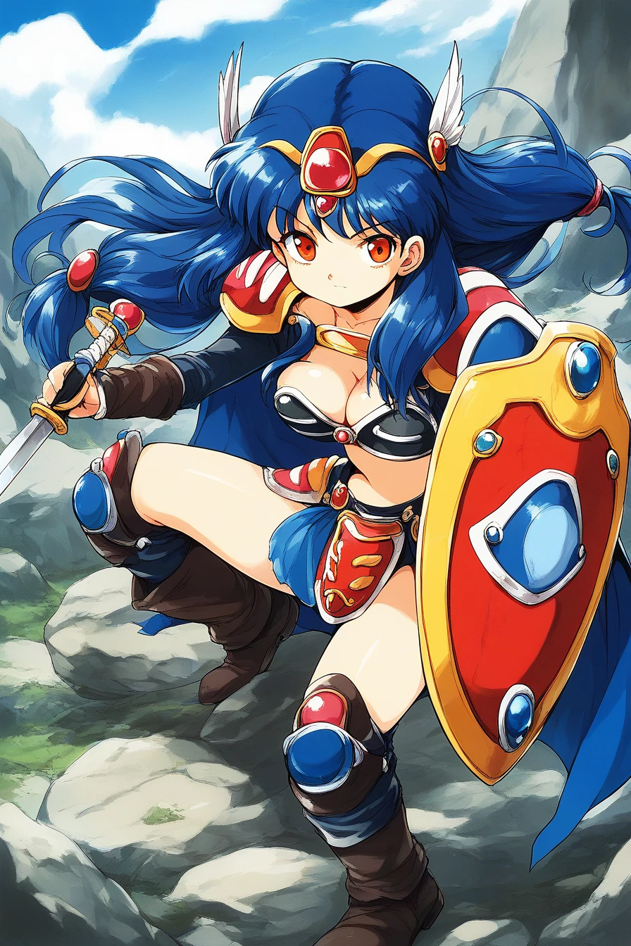 score_9, score_8_up, score_7_up, source_anime, rating_explicit, BREAK <lora:Chris_XL:1> Chris, long hair, dark blue hair, orange eyes, medium breasts,ãside-locks
1girl, solo, shield, big sword, weapon, armor, bikini armor, red eyes, cape, boots, cleavage,
rocky place,