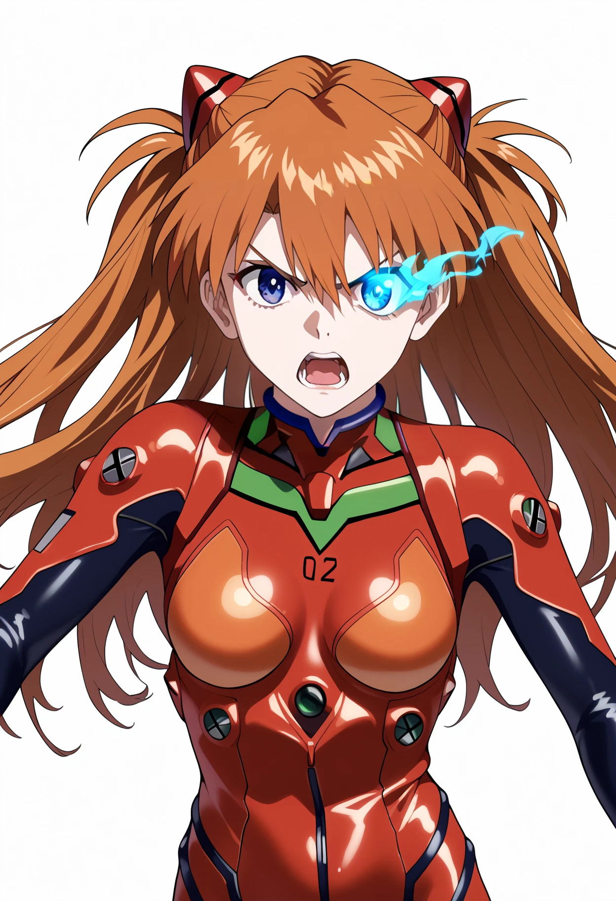 score_9, score_8_up, score_7_up, anime screencap, BREAK
(blue flaming eye, blue eye trail, flaming eye:1.2),
1girl, souryuu asuka langley, neon genesis evangelion, rebuild of evangelion, plugsuit, pilot suit, red bodysuit, upper body, looking at viewer, angry, roaring, open mouth, simple background, white background  <lora:FlamingEyeXL:1>