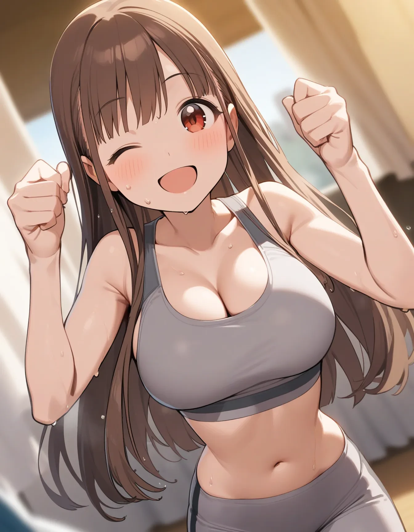 c_sonoda, 1girl, ;d, alternate costume, arms up, bare shoulders, blunt bangs, blurry, blurry background, blush, breasts, red eyes, brown eyes, brown hair, cleavage, collarbone, curtains, grey sports bra, large breasts, long hair, looking at viewer, midriff, navel, one eye closed, open mouth, smile, solo, sports bra, waking up, wet, sweat
masterpiece, best quality, very aesthetic, absurdres
<lora:c_sonodaXL_animagine:1>