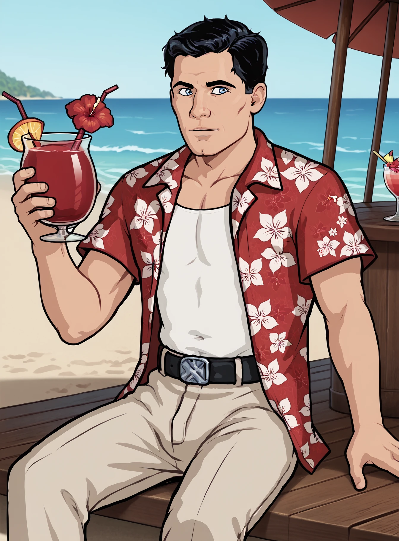 Sterling Archer, 1boy, solo, male focus, black hair, pants, floral print, white shirt, short hair, hawaiian shirt, belt, short sleeves, cowboy shot, collared shirt, blue eyes,sitting, beach,cocktail glass, holding <lora:SterlingArcherPony1.0:0.75>  , score_9, score_8_up, score_7_up, score_6_up, score_5_up, score_4_up