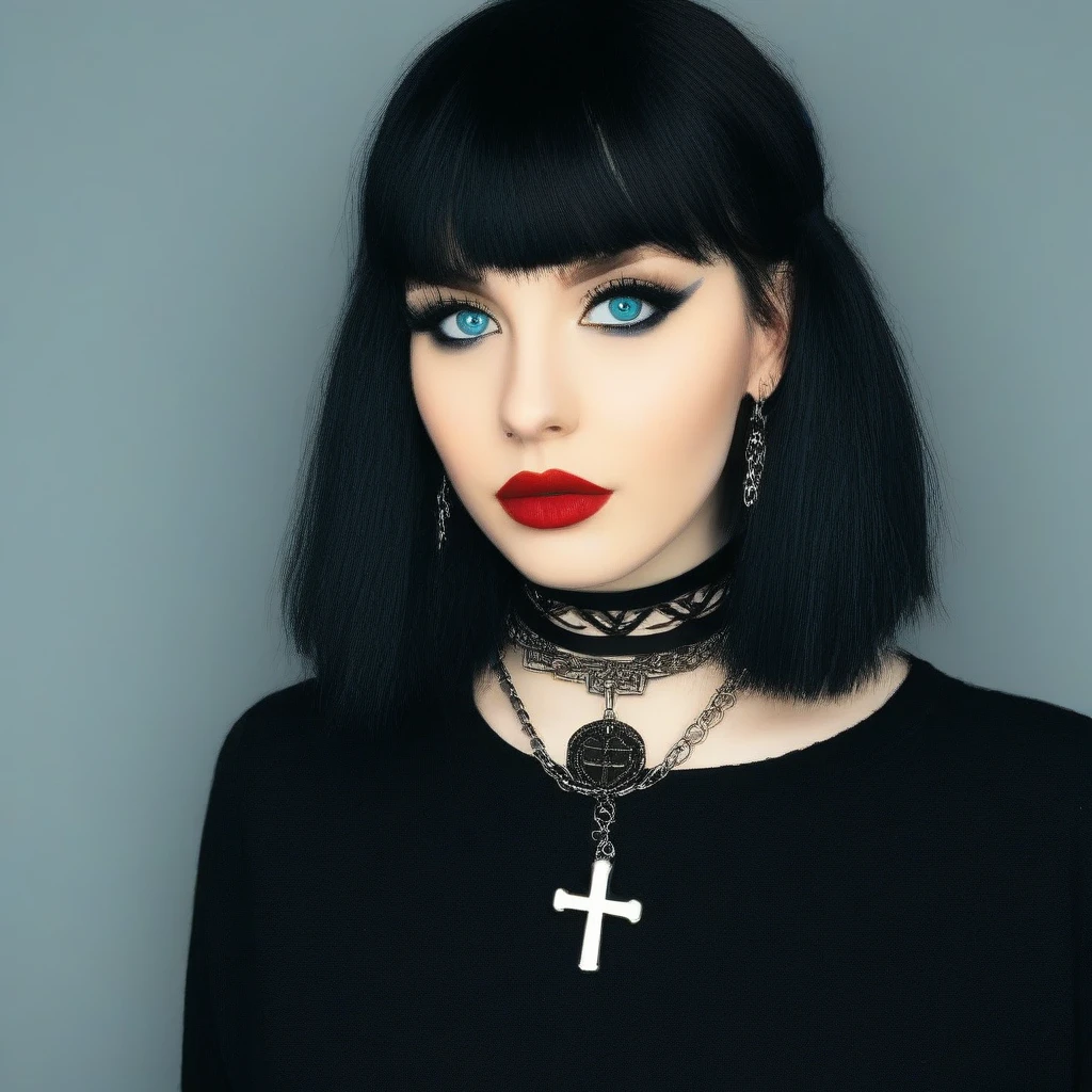 1girl, bangs, black hair, blunt bangs, bob cut, chain, chain necklace, collar, choker, cross earrings, earrings, big hoop earrings, jewelry, looking at viewer, necklace, cross necklace, pendant, blue eyes, red lips, shoulder length hair, simple background, solo, portrait, photo portrait, goth, gothic style, <lora:Alt4One_10:1>