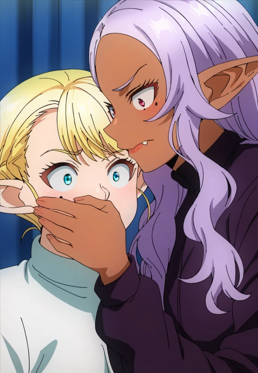 score_9_up, score_8_up, score_7_up, source_anime, <lora:Elf_cant_on_a_diet_style_PDXL_by_paprikalem:1>,   multiple girls, 2girls, blonde hair, pointy ears, mole under eye, dark skin, mole, fang, blue eyes, dark-skinned female, covering mouth, purple hair, braid, constricted pupils, parody, blush, red eyes, elf, dark elf, best quality, high quality