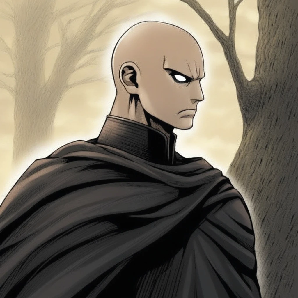 darth bane,  starwars, male focus, solo, 1boy, bald, cape, no pupils, upper body, tree, anime coloring, profile