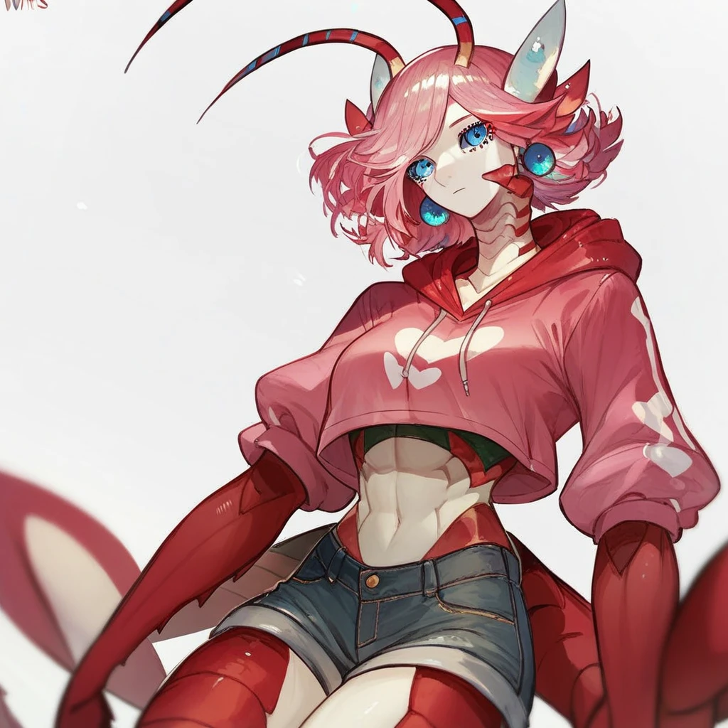 score_9, score_8_up, score_7_up, mnts, beautiful girl, red carapace, blue eyes, pink hoodie, midriff, rating_questionable