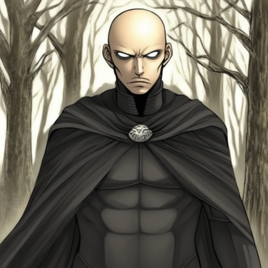 darth bane,  starwars, male focus, solo, 1boy, bald, cape, no pupils, upper body, tree, anime coloring