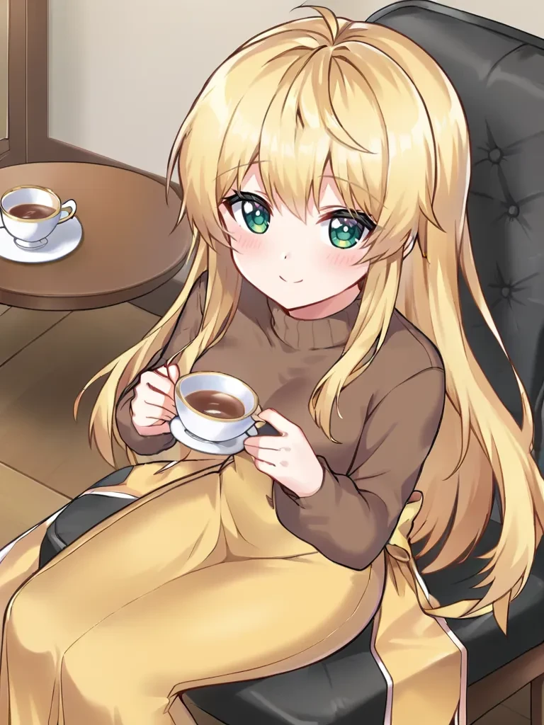 <lora:cecifairyprincess:0.7>
1girl, solo, magicalangelfairyprincess, magical girl, blonde hair, long hair, hair down, green eyes, brown shirt, long sleeves, sweater, yellow skirt, long skirt, sitting, chair, indoors, holding, teacup, indoors, home, looking at viewer, from above, blush, soft smile