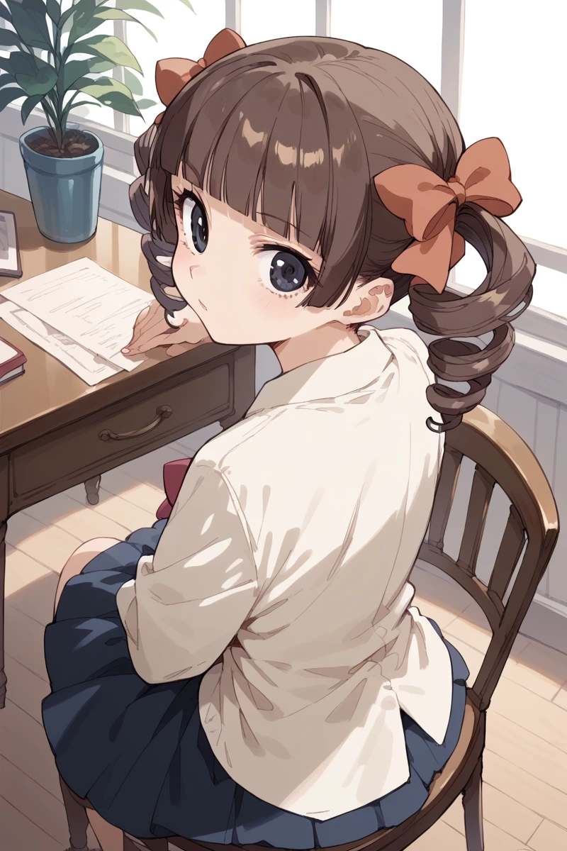 score_9, score_8_up, score_7_up, score_6_up,
 <lora:Touko_Matsudaira:0.9> touko, 1girl, solo, drill hair, brown hair, chair, twin drills, looking at viewer, looking back, bow, hair bow, black eyes, twintails, blunt bangs, bangs, high angle,