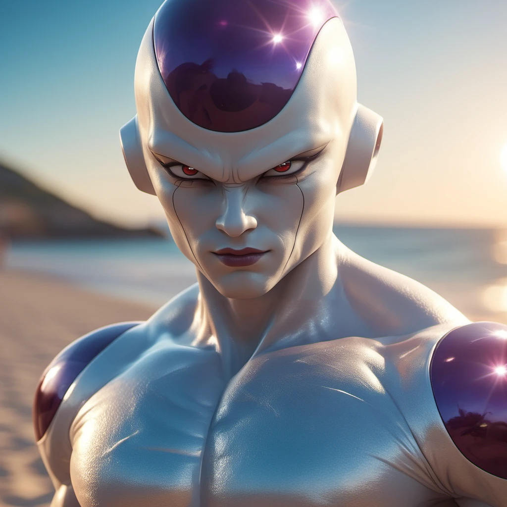 cinematic photo closeup face portrait realistic muscular 1boy, red eyes, colored skin, detailed eyes, detailed skin, beach, sunset<lora:Freezer1024:0.8> . 35mm photograph, film, bokeh, professional, 4k, highly detailed