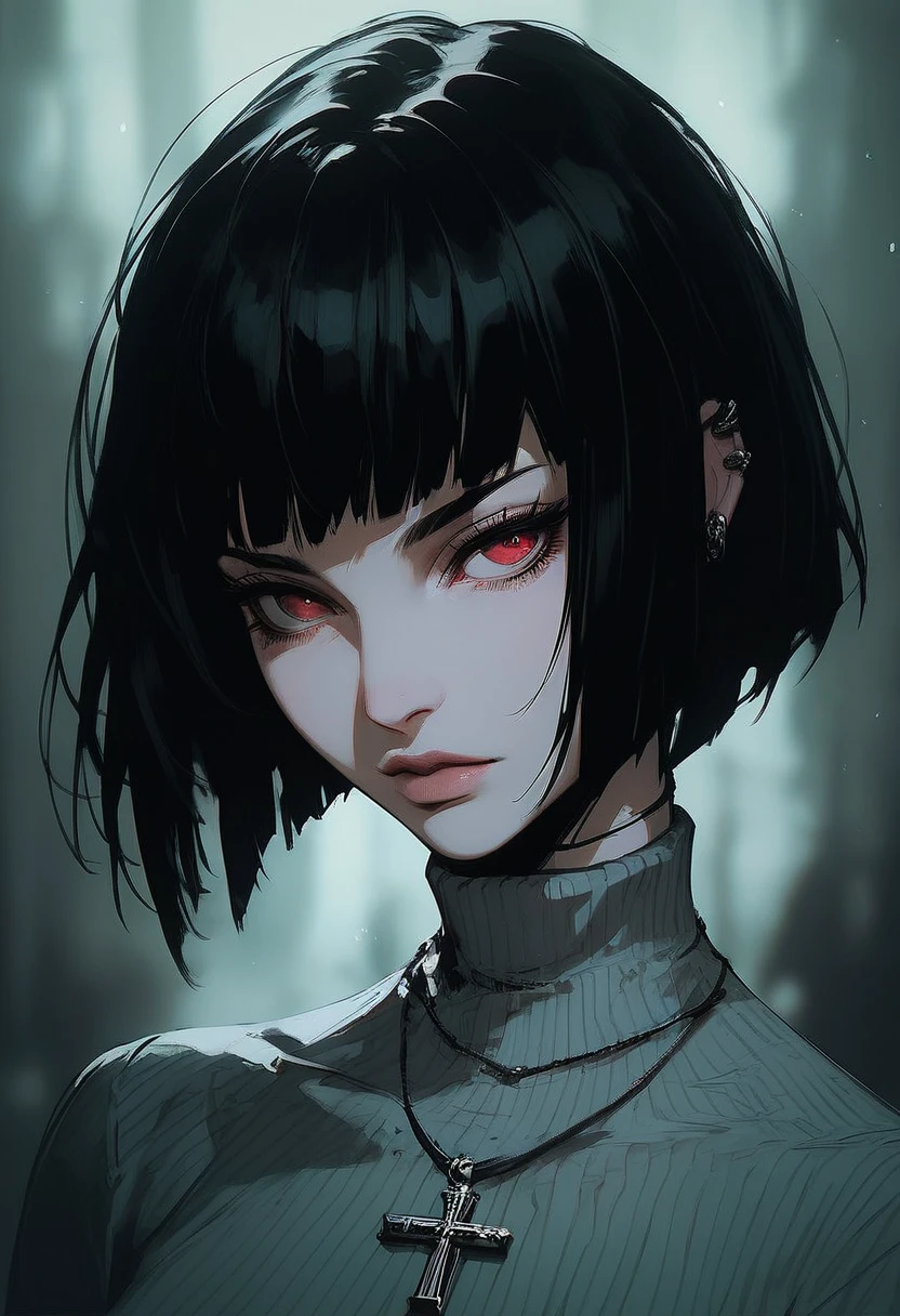 score_9, score_8_up, score_7_up, score_6_up, gthan, 1girl, solo, short hair, black hair, jewelry, looking at viewer, necklace, cross, portrait, bangs, red eyes, closed mouth, turtleneck, blurry background, cross necklace, lips, piercing, blurry, bob cut, eyelashes