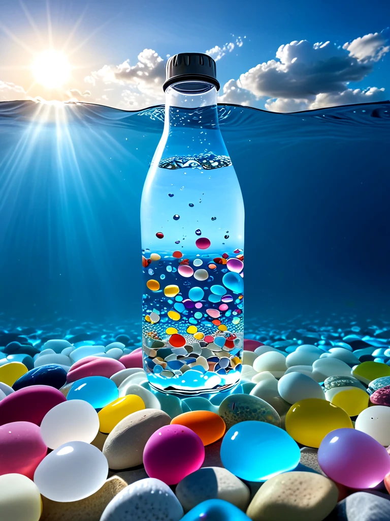 underwater illumination, deep water, ocean, sea, multicolored glass pebbles, transparent, glowing, reflection, sky, sun, water bottle floating, wet, bubble, <lora:glasspebblesunderwater_sdxl:0.8>