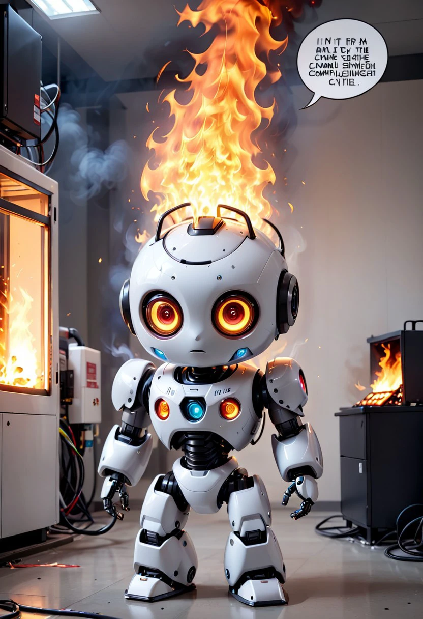 generation of ultra high quality photo with high resolution and sharp focus on theme ((burning computer servers)) of AI and the little robot civitay put out with a fire extinguisher and a caption above the robot's head help i'm fried comic book style