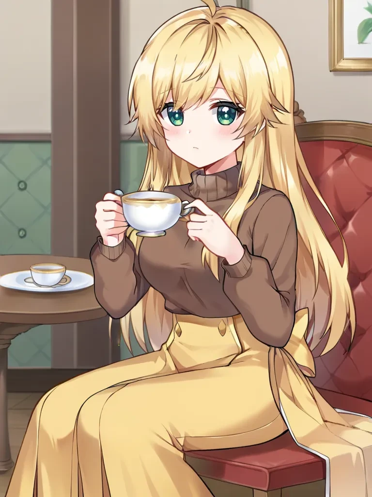 <lora:cecifairyprincess:0.7>
1girl, solo, magicalangelfairyprincess, magical girl, blonde hair, long hair, hair down, green eyes, brown shirt, long sleeves, sweater, yellow skirt, long skirt, sitting, chair, indoors, holding, teacup, indoors, home, looking at viewer,