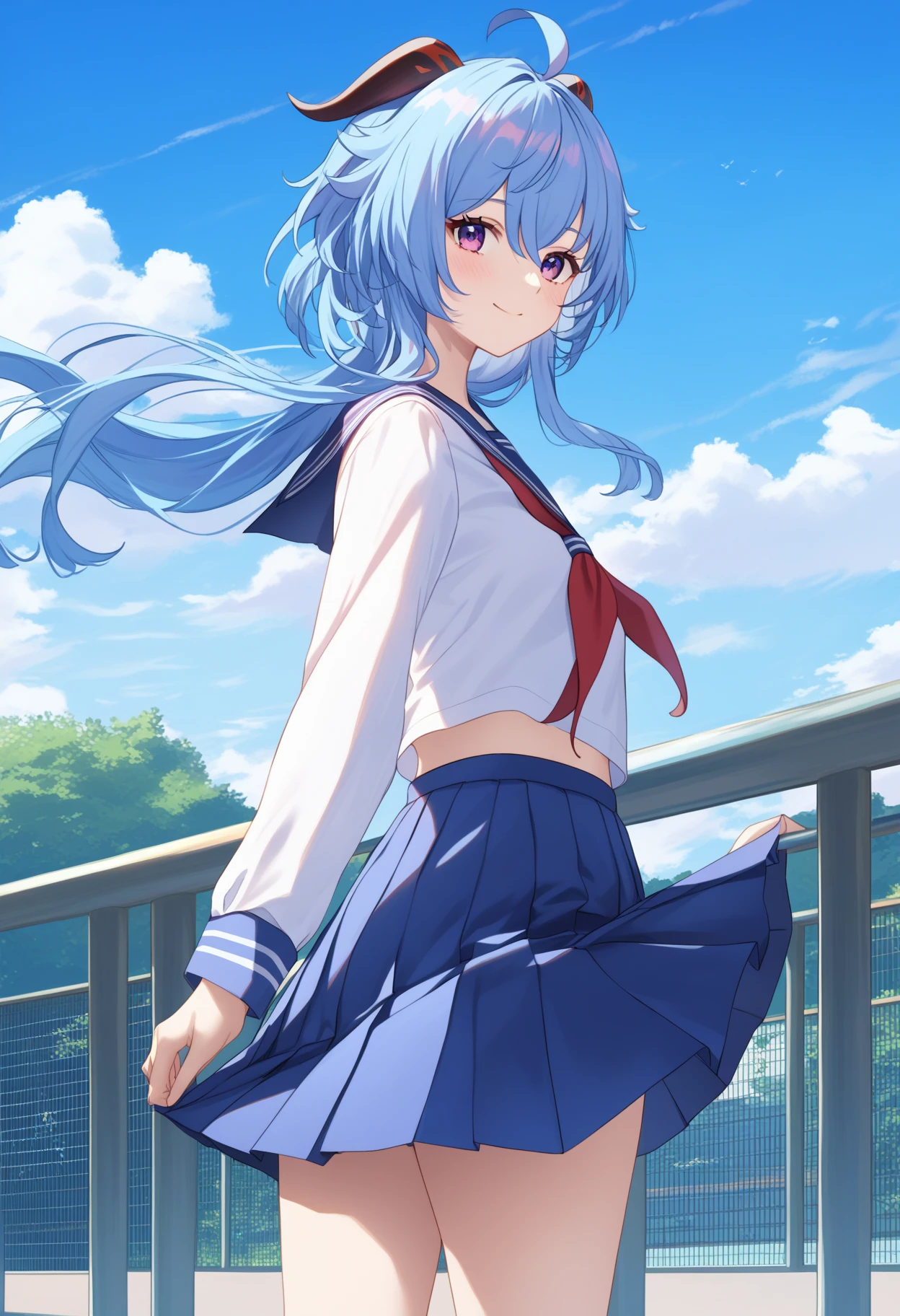 score_9, score_8_up, score_7_up, rating_explicit, source_anime,
BREAK
1girl, solo, 
<lora:shiGanyu-000009:0.9>, GANSCHL, long hair, bangs, horns, blue hair, purple eyes, ahoge, long sleeves, school uniform, alternate costume, serafuku, blue skirt, pleated skirt, sailor collar, neckerchief, white shirt, short sleeves, sidelocks, kneehighs, black socks, midriff, looking back, navel, shiny skin, 
looking at viewer, smile,