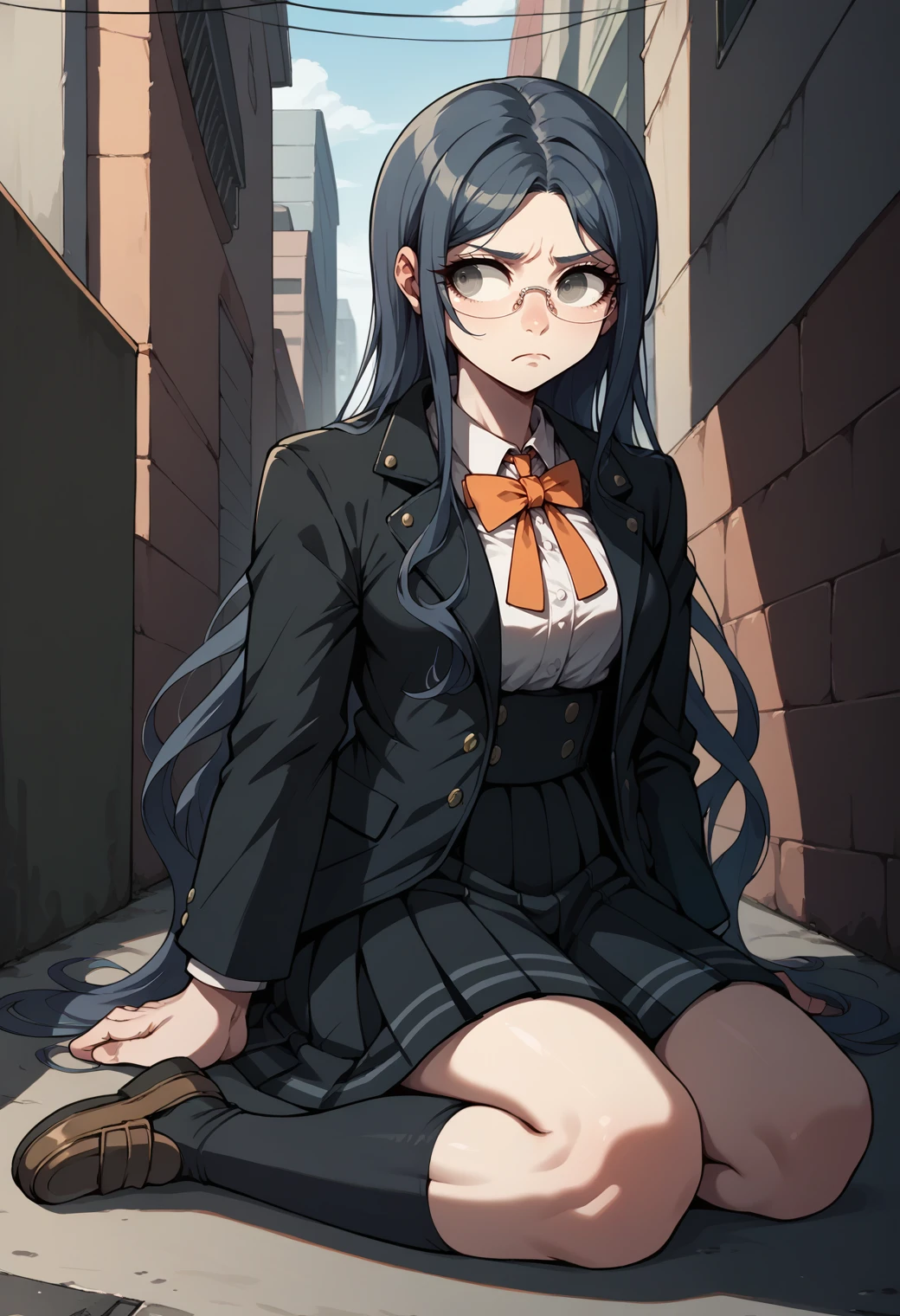 score_9, score_8_up, score_7_up, 1girl, sitting, on ground, looking to the side, closed mouth, frown, <lora:TsumugiDR-pdxl:1> defTsu, long hair, grey eyes, glasses, black jacket, open jacket, long sleeves, white shirt, collared shirt, large breasts, orange bowtie, high-waist skirt, black skirt, pleated skirt, thighs, kneehighs, black socks, brown footwear, loafers, city, alley