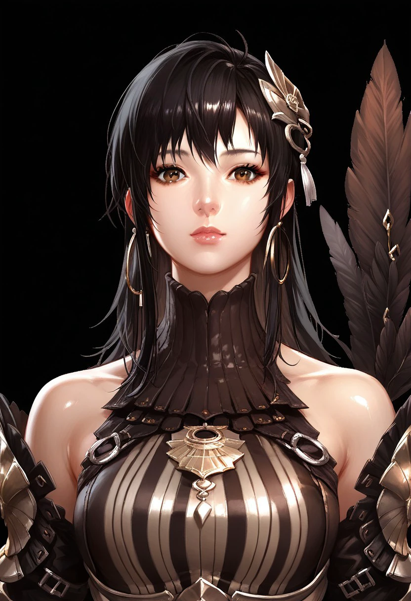 score_9,score_8_up,score_7_up, Expressiveh ,perfecteyes, source anime, beautiful eyes, shiny skin,  
evy_(mabinogi), evy_outfits_1, 1girl, solo, jewelry, earrings, long hair, black hair, bare shoulders, no background, feathers, looking at viewer, simple background, upper body, hair ornament, breasts, lips, armor, brown eyes, hoop earrings