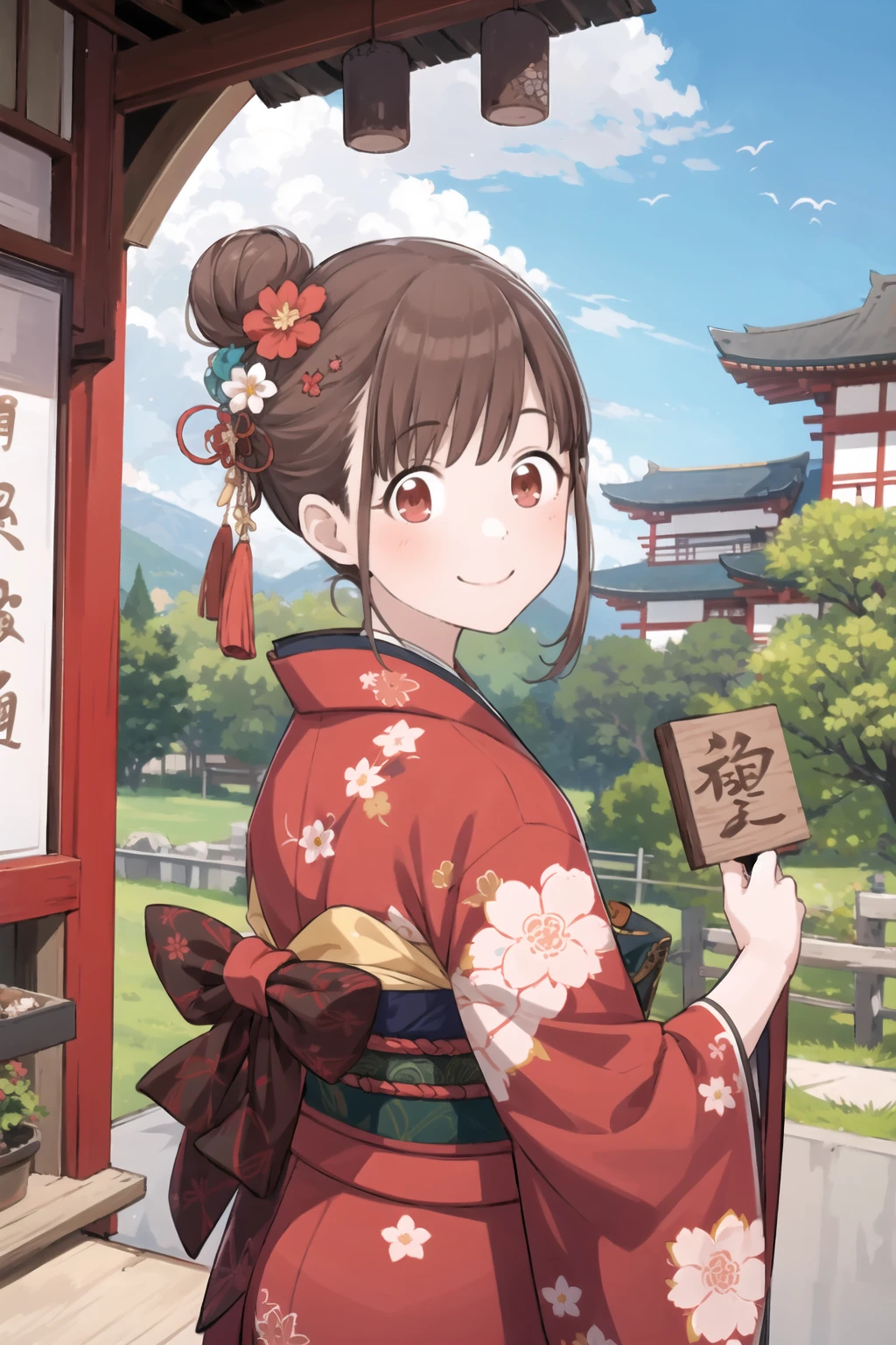 c_sonodaO, 1girl, short hair, japanese clothes, kimono, smile, red eyes, brown eyes, brown hair, bangs, outdoor, shrine, temple, hair ornament, flower, smile, looking at viewer, hair flower, hair bun, blush, single hair bun, floral print<lora:c_sonoda:1>