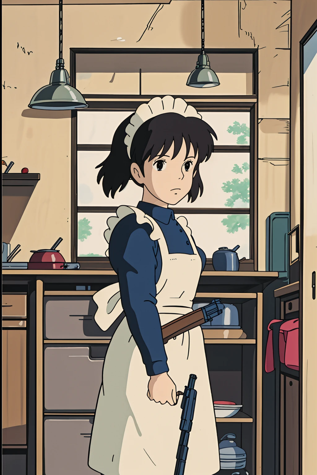 1 maid girl, holding gun, rifle, machine gun, kitchen