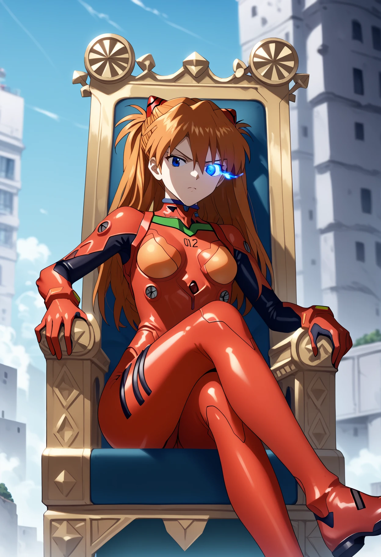 score_9, score_8_up, score_7_up, anime screencap, BREAK
blue flaming eye, blue eye trail, flaming eye,
1girl, souryuu asuka langley, neon genesis evangelion, rebuild of evangelion, plugsuit, pilot suit, red bodysuit, sitting, crossed legs, throne, looking down, from bottom, looking at viewer, outdoors <lora:FlamingEyeXL:1>