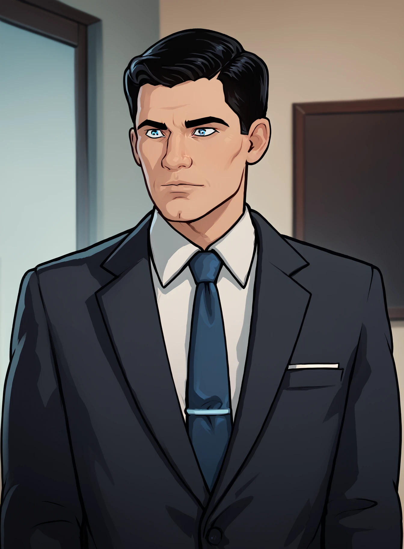 Sterling Archer, 1boy, necktie, male focus, solo, suit, blue necktie, black hair, indoors, upper body, short hair, collared shirt, blue eyes <lora:SterlingArcherPony1.0:0.65>  , score_9, score_8_up, score_7_up, score_6_up, score_5_up, score_4_up