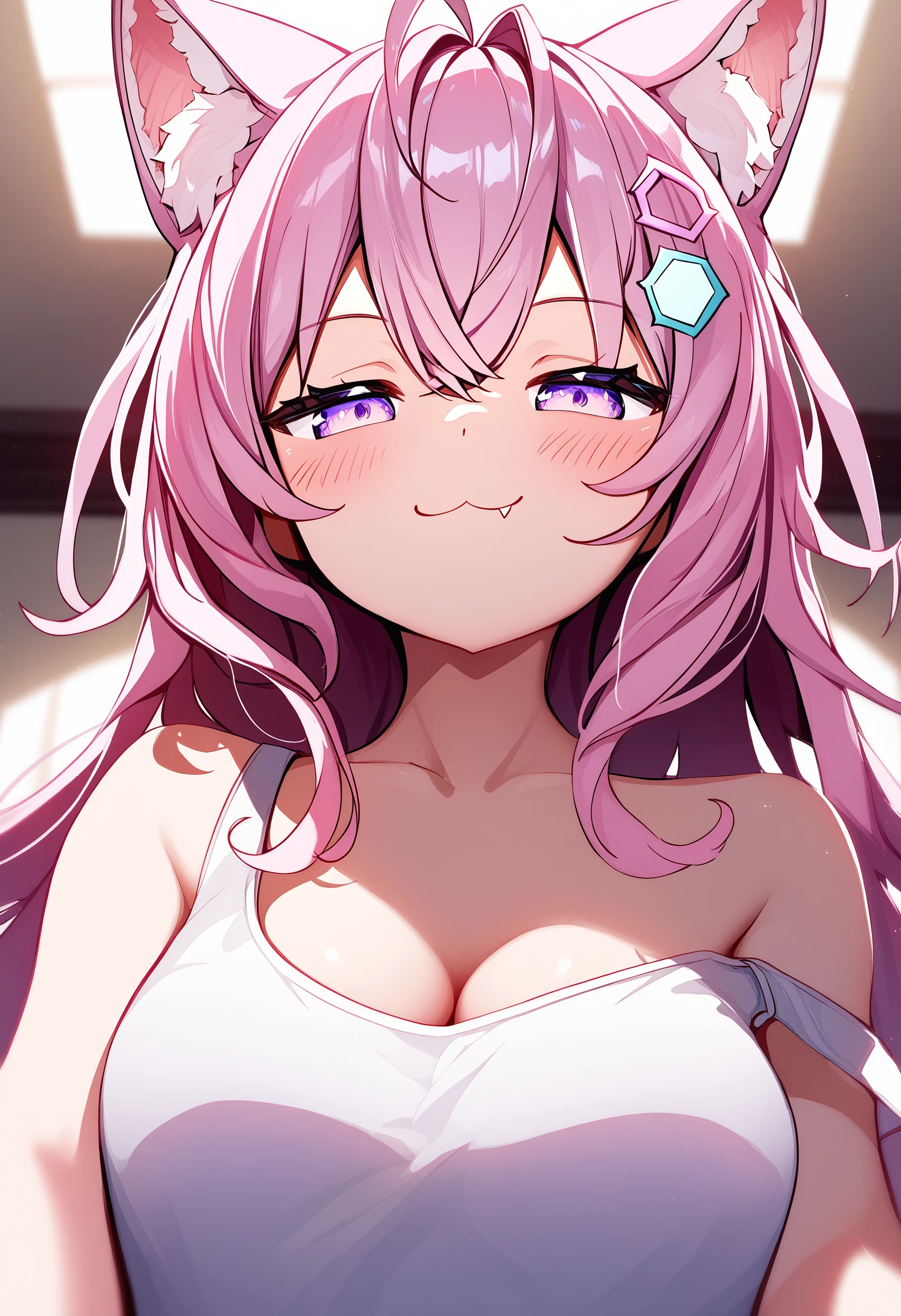 hakui koyori, 1girl, virtual youtuber, solo, animal ears, pink hair, long hair, fang, cleavage, dog ears, looking at viewer, smile, blush, :3, fang out, closed mouth, smug, upper body, animal ear fluff, ahoge, hair intakes, tank top, hexagon hair ornament, half-closed eyes, breasts, strap slip, purple eyes, bare shoulders, antenna hair, dog girl, hair between eyes, indoors, looking down, pov, from below,
absurdres, score_9, score_8_up, score_7_up, score_6_up, best quality, masterpiece, very aesthetic <lora:dog_girl_concepts_v1.2:1>