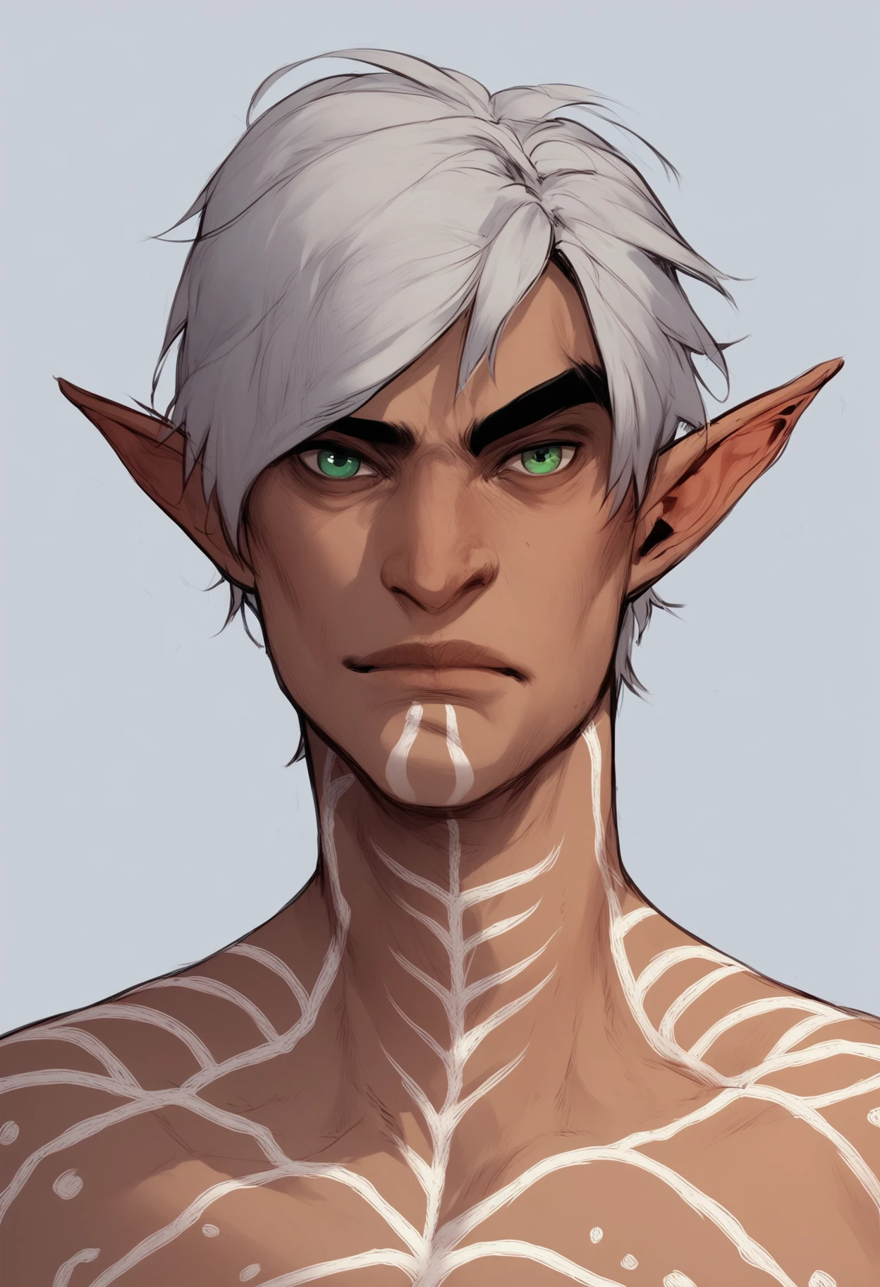 score_9, score_8_up, score_7_up, score_6_up, score_5_up, score_4_up, 1boy, solo, fenris, portrait, looking at the viewer, brows furrowed he has grey hair, green eyes, white body markings, pointy ears, grey background <lora:fenris_1_sdxl:1>