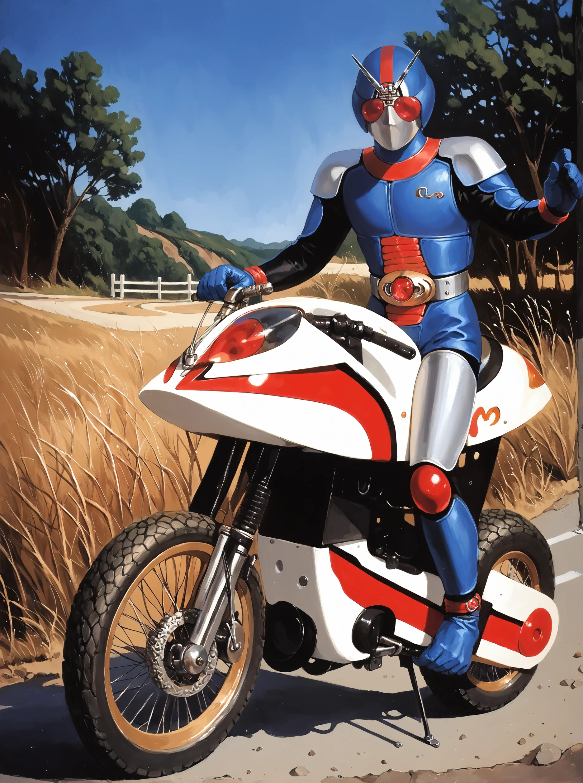 score_9, score_8_up, score_7_up, masterpiece, source_realistic,kamen rider, 1boy, male focus, solo, belt, motorcycle, ground vehicle, motor vehicle, road, outdoor,<lora:sn0wStyle:1> <lora:HKHorrorXL:1>,   <lora:Biorider_Kamen_rider_black_RX_1988:1>