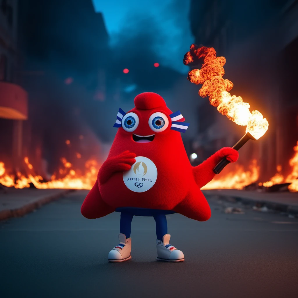 cinematic photo a non human red creature, blue eye, scared,  full body, shoes, city on fire background, riots, holding a torch <lora:Phryges1024:0.8> . 35mm photograph, film, bokeh, professional, 4k, highly detailed