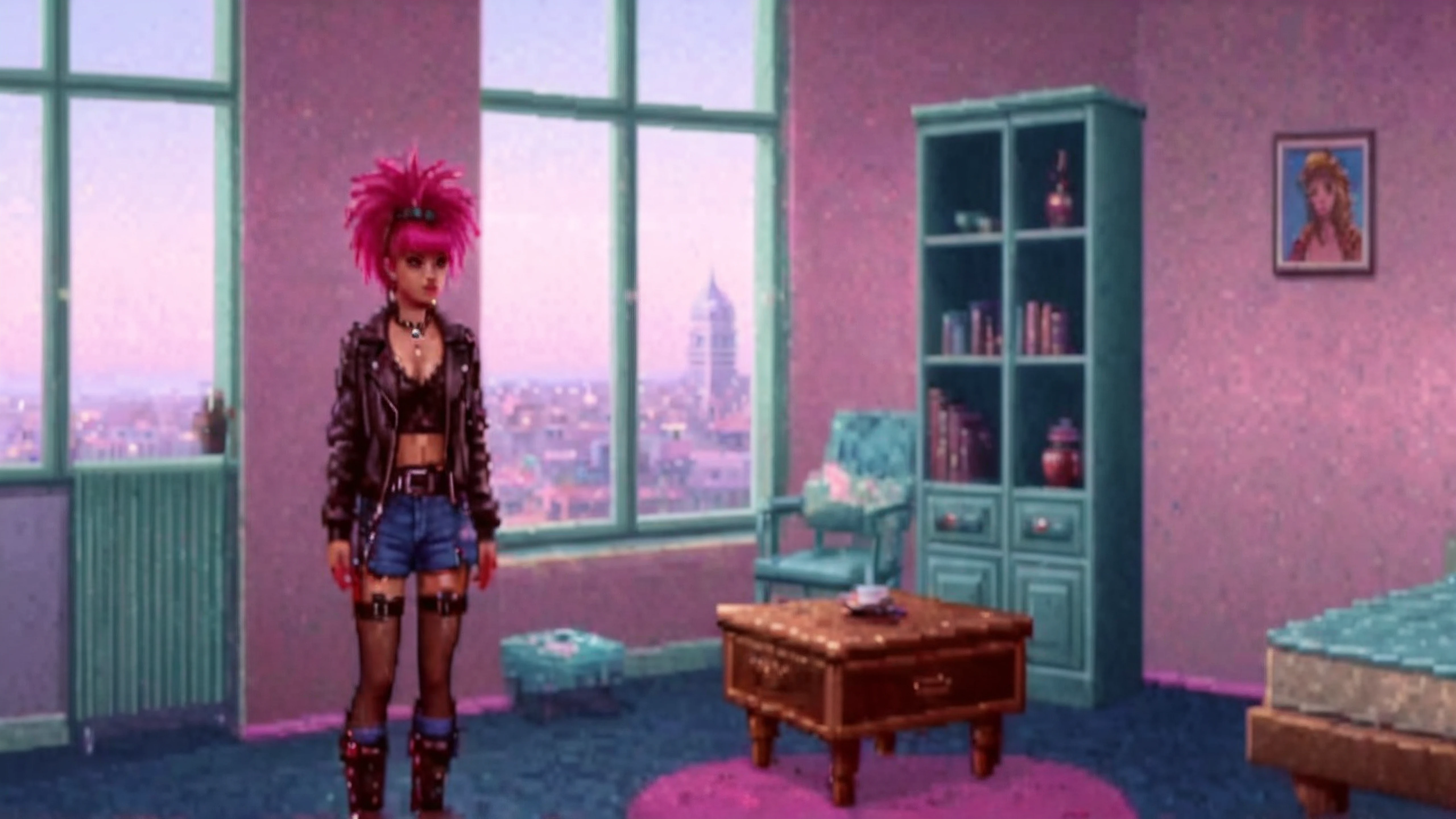 KGBConspiracy, punk girl character, apartament, 80s furniture, blurry background, window