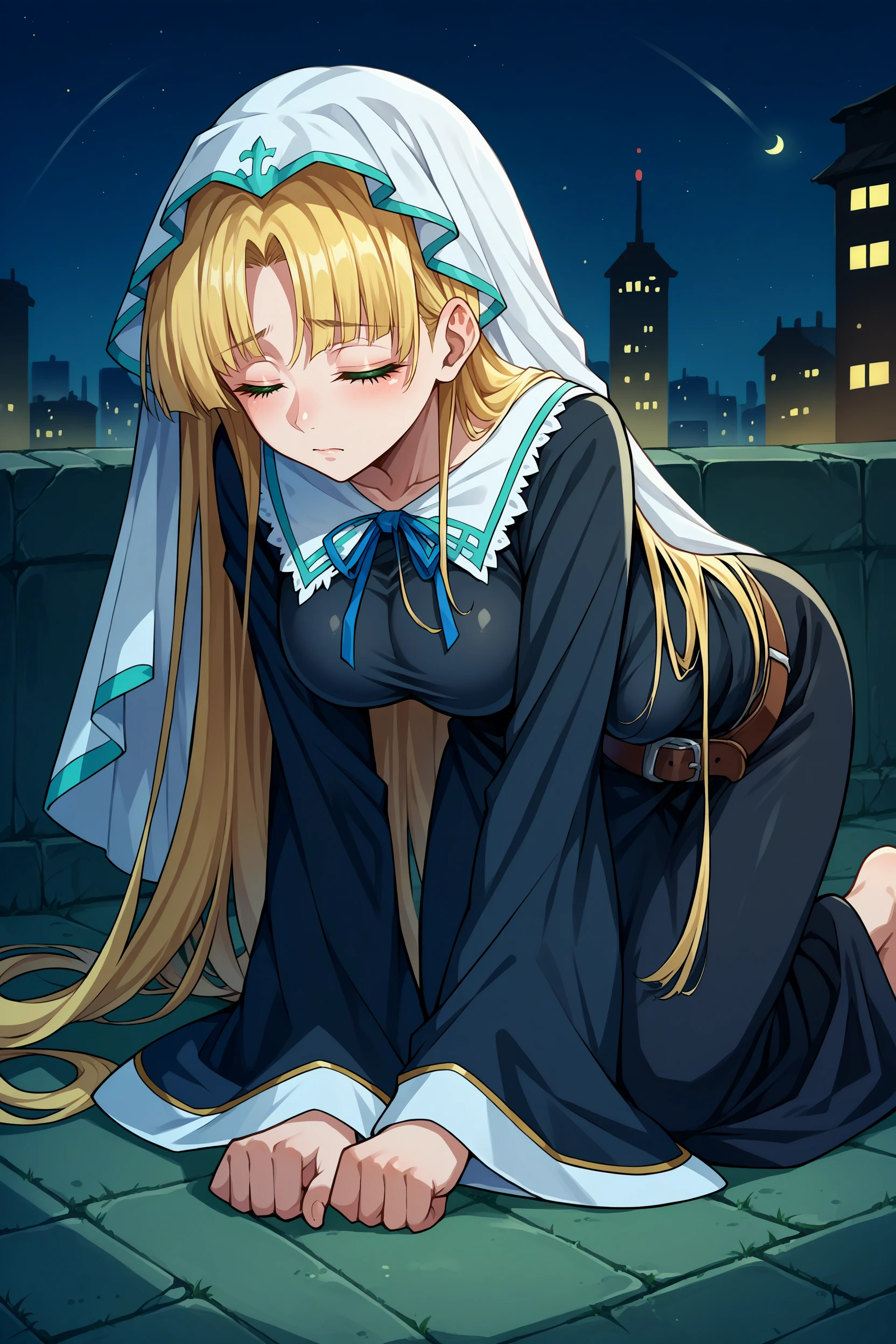 score_9, score_8_up, score_7_up, score_6_up, source_anime, 1girl, solo, <lora:asiaargento-pdxl-nvwls-v1-000005:1> dxdaa, blonde hair, very long hair, green eyes, white veil, black dress, long sleeves, big breasts, belt, kneeling, on ground, night, city, closed eyes, sad, all fours