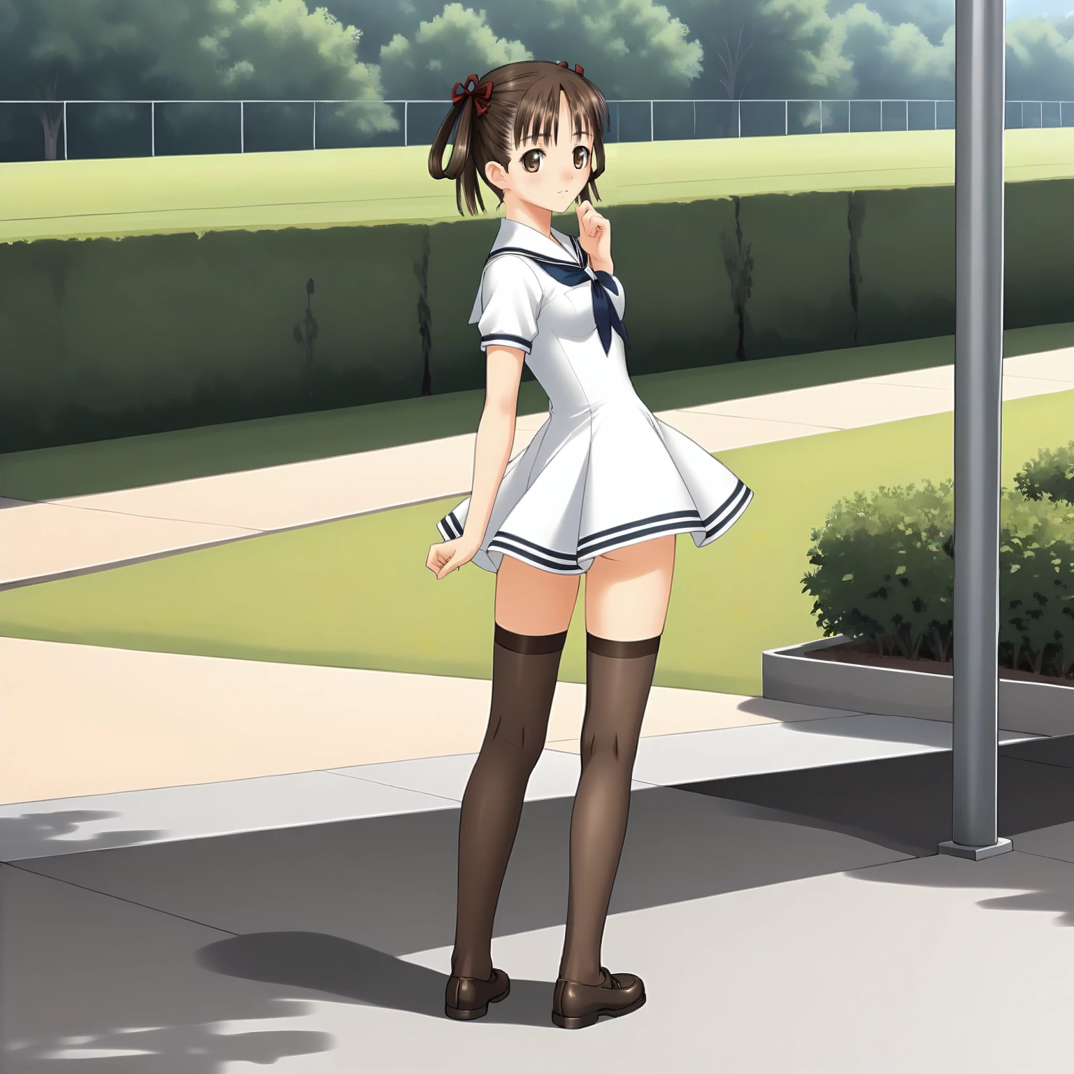 <lora:SnIMnI_NatsumeSorayamaXLpony003>,
solo,
NatsumeSorayama,1girl,brown hair,hairrings,hair ribbon,twintails,brown eyes,medium breasts,
white sailor color,white dress,short_sleeves,
black_thighhighs,
outdoors,
full body,standing,looking back,