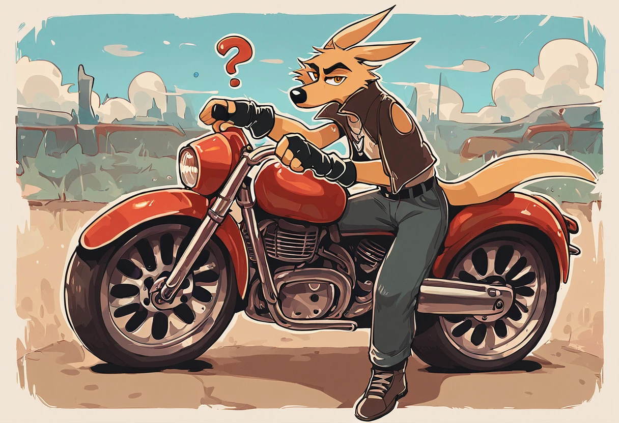 score_9, score_8_up, score_7_up, best quality, hires, male, solo, coyote, fingerless gloves, vest, ground vehicle, motorcycle, source_furry, full body, looking at viewer, ?, outside bar, <lora:Hank:1>