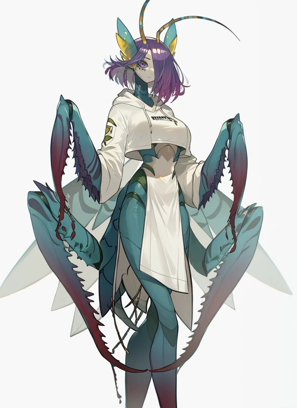 score_9, score_8_up, score_7_up, highly detailed, mnts, beautiful monster girl, blue carapace, Faux Hawk with Low Fade purple hair, large breasts, white hoodie, rating_questionable, source_anime, BREAK best quality, masterpiece, e621, digital_art, <lora:Mantis_Girl_concept_Pony:1.0>