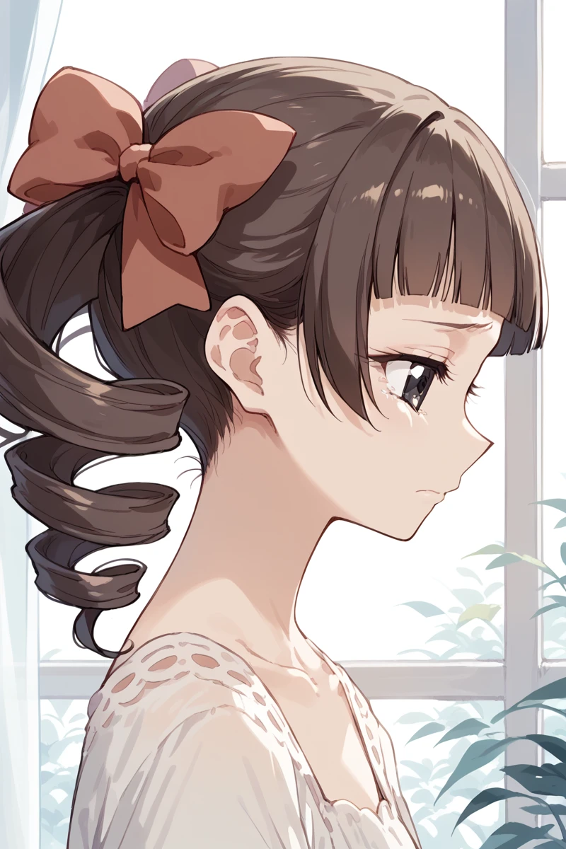 score_9, score_8_up, score_7_up, score_6_up,
 <lora:Touko_Matsudaira:0.9> touko, 1girl, solo, drill hair, profile, brown hair, twin drills, bow, hair bow, window, blunt bangs, bangs, from side, sad, look down, collarbone, close-up, black eyes,