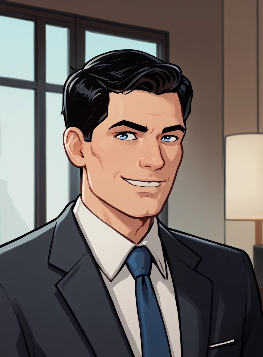 Sterling Archer, 1boy, necktie, male focus, solo, suit, blue necktie, black hair, indoors, upper body, short hair, smirk, collared shirt, blue eyes <lora:SterlingArcherPony1.0:0.5>  , score_9, score_8_up, score_7_up, score_6_up, score_5_up, score_4_up