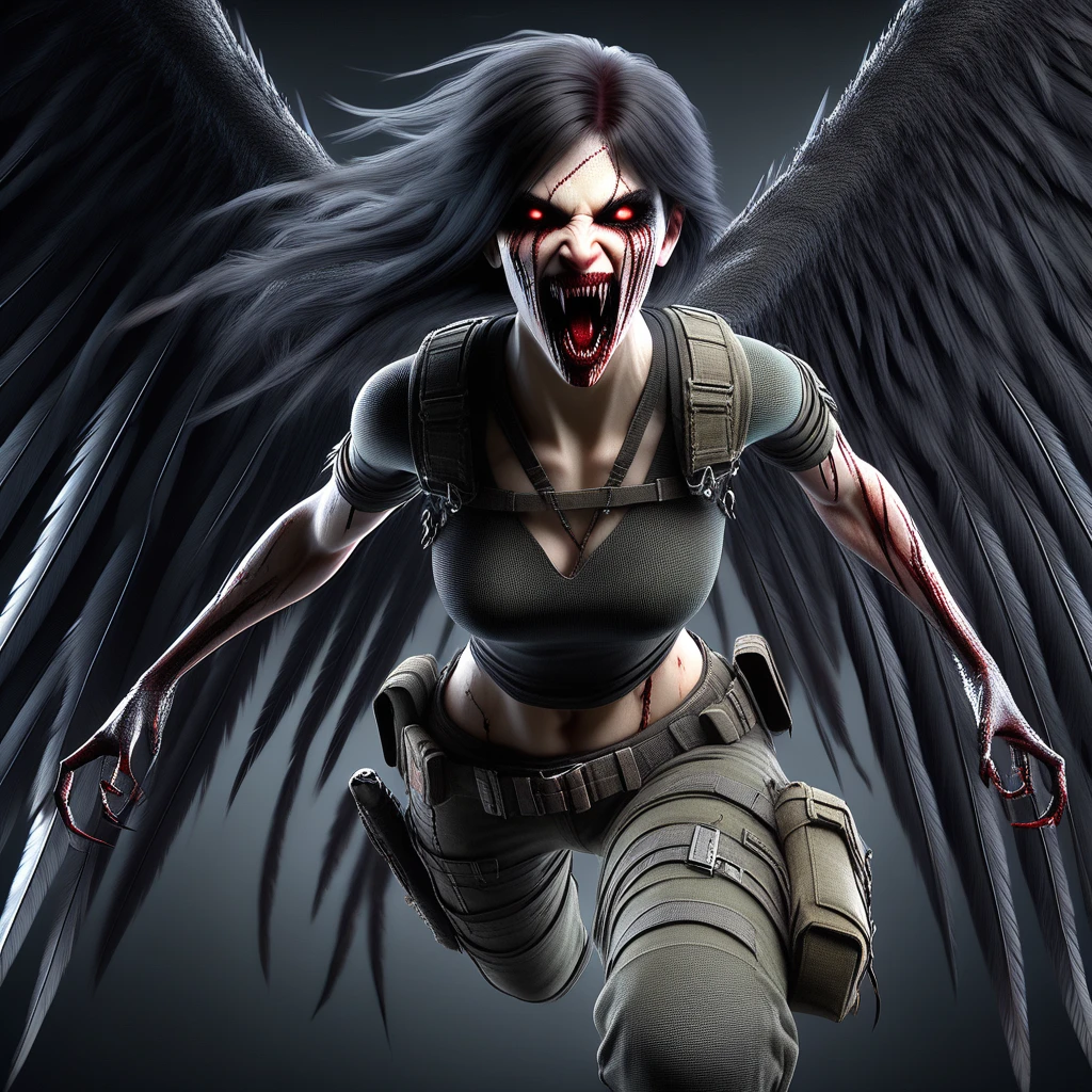 female fallen angel in mid-flight, highly detailed, hyper-realistic, sharp focus, her expression is wild and feral, with glowing white eyes and sharp, blood-stained fangs bared in a terrifying snarl, dark blood smeared around her mouth, her skin is pale and smooth, with subtle textures and visible pores, ultra-realistic, her long, dark hair flows wildly behind her, each strand individually rendered, dynamic and lifelike, she has large, black feathered wings spread wide, each feather meticulously detailed with realistic texture and slight wear, adding to the dark and menacing appearance, she is dressed in tactical, military-style gear, with a form-fitting olive green top and cargo pants, detailed with straps, buckles, and pouches, realistic fabric textures, the gear includes holsters, belts, and tactical accessories, all rendered with high-definition clarity, her muscular arms are tensed, with veins visible, hands clenched into sharp, clawed fingers, nails dark and blood-stained, lifelike shadows and highlights emphasize her fierce, predatory nature, the background is a stark, bright sky, creating a strong contrast against her dark form, with a subtle sense of motion as she flies forward, ultra-detailed textures on the skin, hair, wings, and clothing, every element meticulously rendered for intense realism, the entire scene is intense, powerful, and otherworldly, capturing the essence of a fallen angel turned warrior