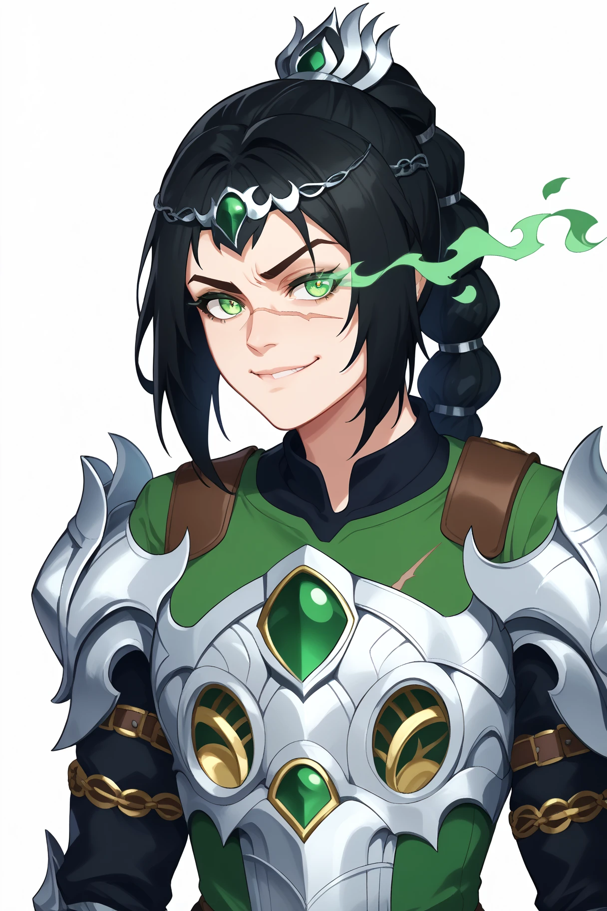 score_9, score_8_up, score_7_up, BREAK,
green flaming eye, green eye trail,
1girl, solo, shadowheart, black hair, braided ponytail, long hair, green eyes, scar on face, circlet, looking at viewer, armor,
evil smile, smirk, upper body, simple background, white background <lora:ShadowHeartXL:0.8> <lora:FlamingEyeXL:1>