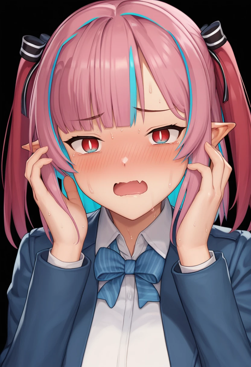 one girl, very beautiful face, beautiful eyes, detailed eyes, detailed face, masterpiece, anime girl, pink eyes, silver hair, , kawaii, two pony tails, hair pins, hair accessories, very young, big , pixiv, illustration, high quality, vampire teeth, fangs, pink cheeks, looks at you, crying, yandere, standing at your door, tears, holding umbrella, raining outside,