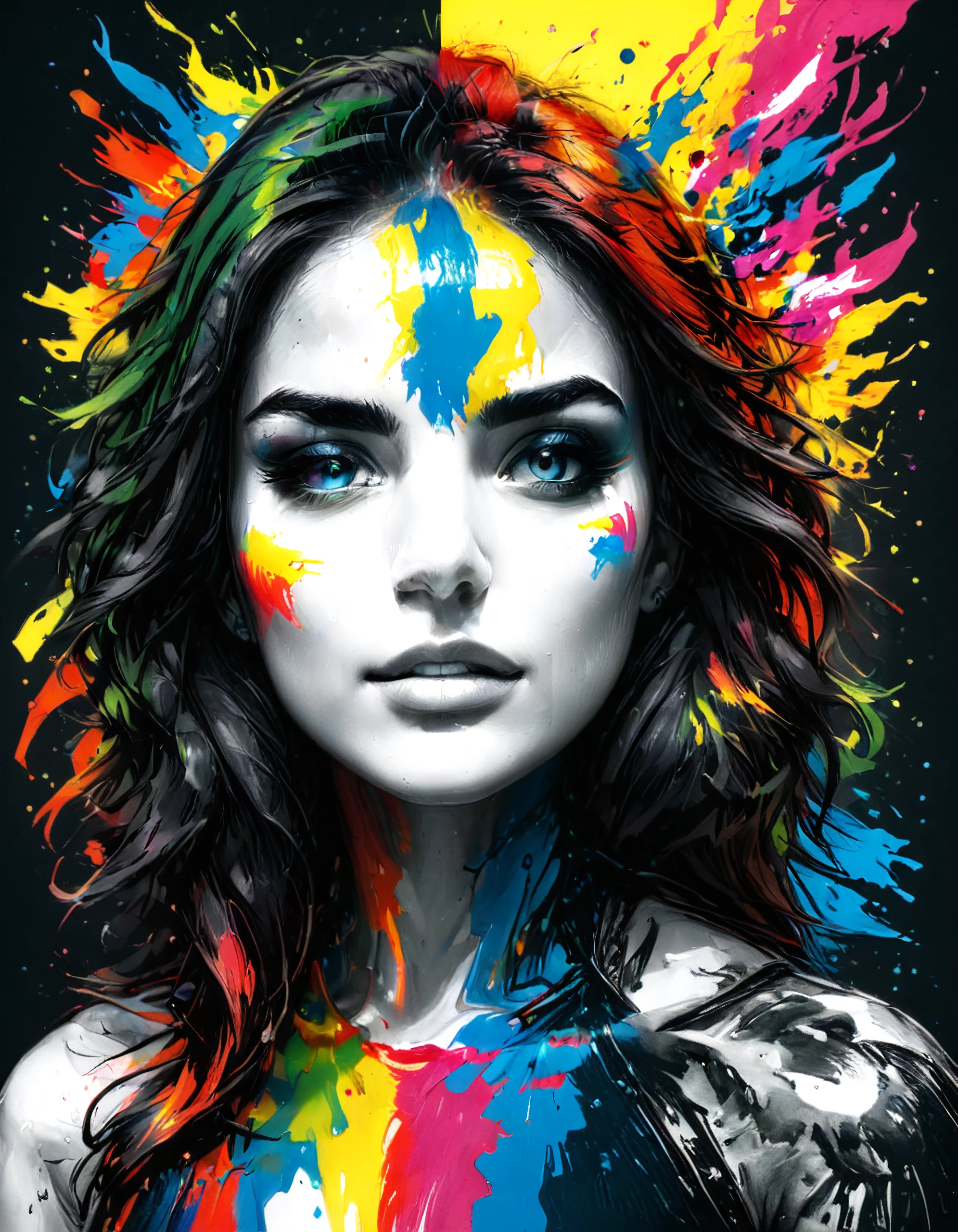 jay-war, text "ArtFusion SD3", beautiful woman, colorful artwork, split image, left is monochrome, right is colored